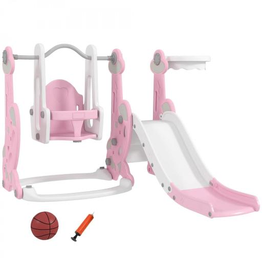 4 en 1 Parque Infantil Interior para +18 Meses Conjunto con Trepador y Canasta con Temática de Cohete Rosa y Blanco [8]