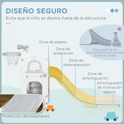 Tobogán Infantil 5 en 1 con Canasta de Baloncesto Telescopio Escalador y Cesta Inferior para Interior Blanco y Gris [1]