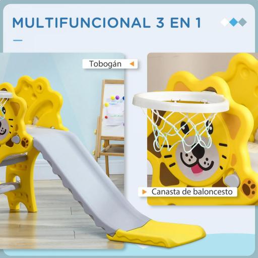 Tobogán para Niños de 18 a 36 Meses con 2 Escaleras 1 Canasta de Baloncesto y Patrón de León 131x50x74cm Amarillo y Gris [3]