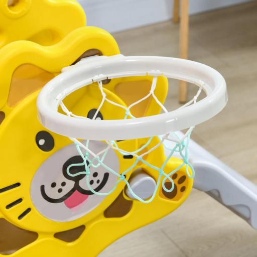 Tobogán para Niños de 18 a 36 Meses con 2 Escaleras 1 Canasta de Baloncesto y Patrón de León 131x50x74cm Amarillo y Gris [6]