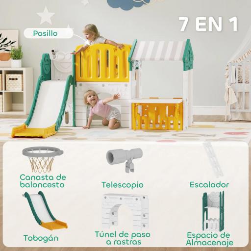 Tobogán Infantil 7 en 1 con Caseta Escalera Aro de Baloncesto Túnel Pizarra Telescopio para Interior Amarillo y Verde [2]