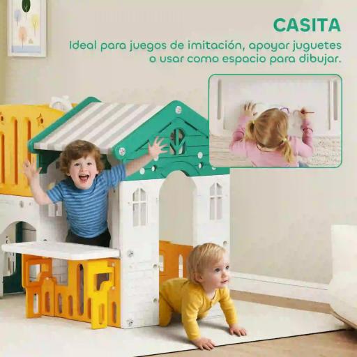 Tobogán Infantil 7 en 1 con Caseta Escalera Aro de Baloncesto Túnel Pizarra Telescopio para Interior Amarillo y Verde [5]