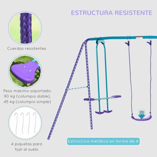 Juego de Columpios de Jardín de Metal con Altura Ajustable 2 Columpios y Balancín 280x140x176 cm Morado y Azul [4]