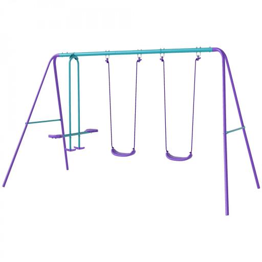 Juego de Columpios de Jardín de Metal con Altura Ajustable 2 Columpios y Balancín 280x140x176 cm Morado y Azul [9]