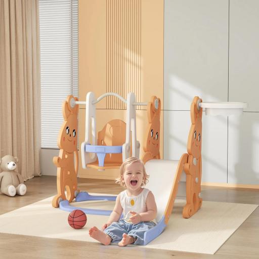 Tobogán Infantil con Columpio con Barandilla y Canasta 4 en 1 para Niños de +18 Meses 147,5x160x107 cm Naranja