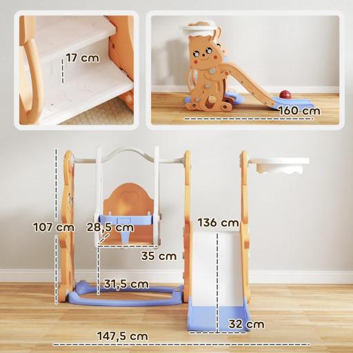 Tobogán Infantil con Columpio con Barandilla y Canasta 4 en 1 para Niños de +18 Meses 147,5x160x107 cm Naranja [4]