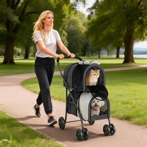 Carrito Doble para Perros Gatos Plegable con 2 Transportines Extraíbles con Cinturón y Cojines 66x50x98cm Gris Oscuro