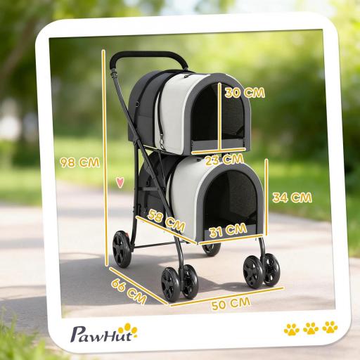 Carrito Doble para Perros Gatos Plegable con 2 Transportines Extraíbles con Cinturón y Cojines 66x50x98cm Gris Oscuro [1]