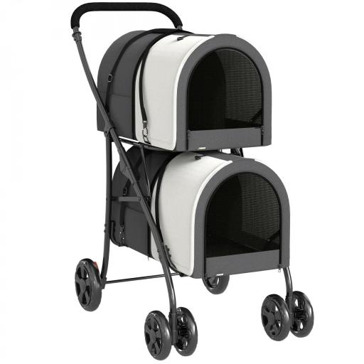 Carrito Doble para Perros Gatos Plegable con 2 Transportines Extraíbles con Cinturón y Cojines 66x50x98cm Gris Oscuro [5]