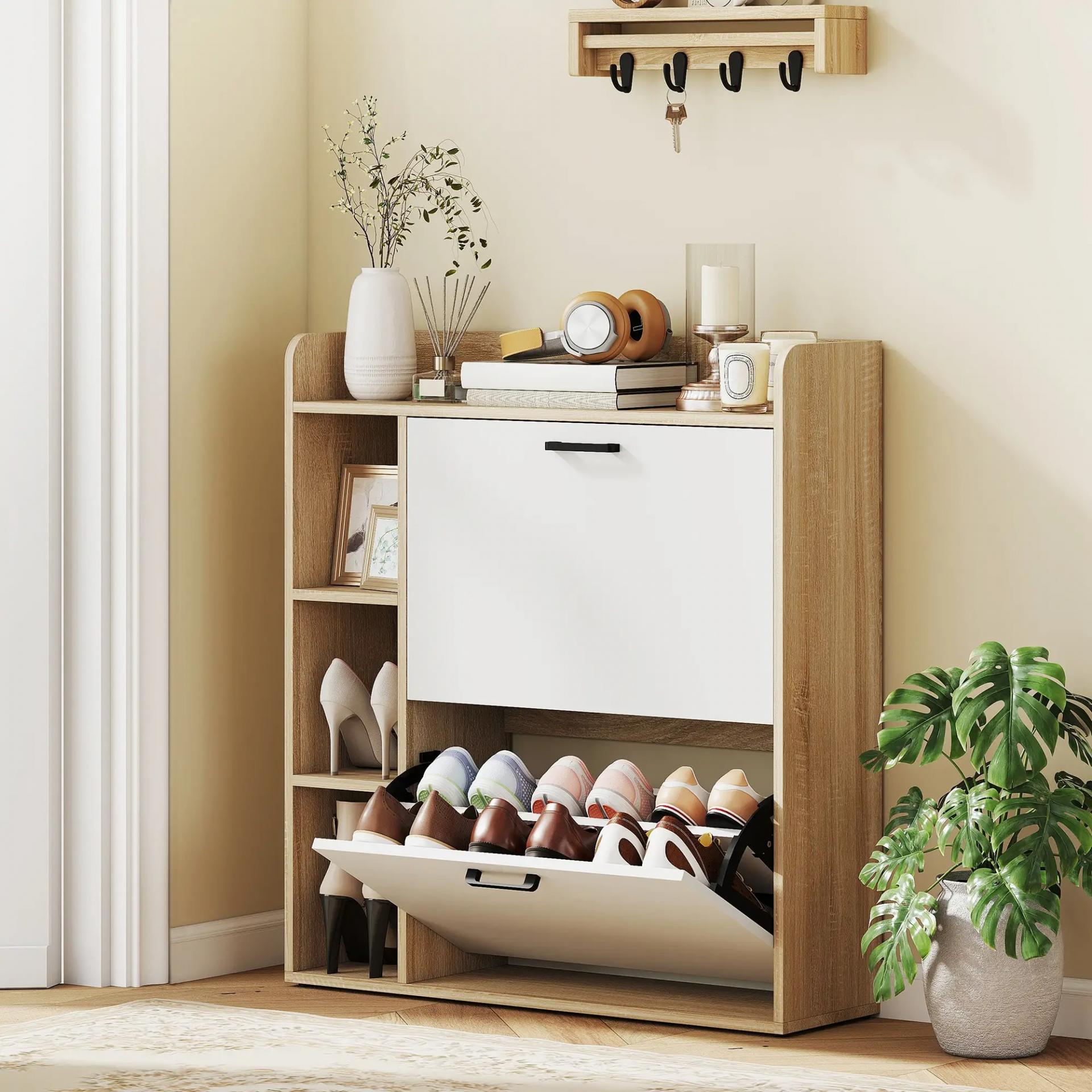 Zapatero Estrecho con 2 Puertas 3 Estantes Laterales y Estantes Ajustables para 15 Pares de Zapatos Natural y Blanco