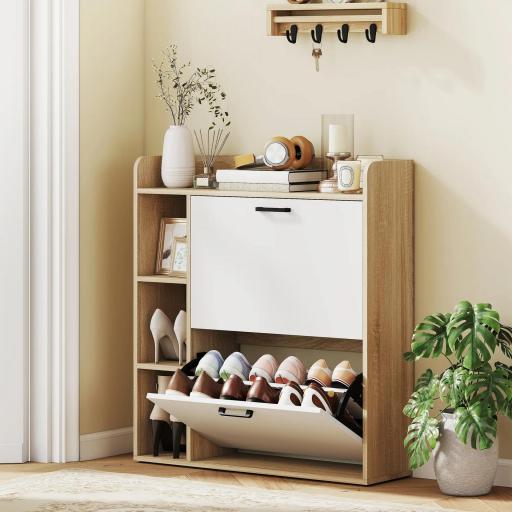 Zapatero Estrecho con 2 Puertas 3 Estantes Laterales y Estantes Ajustables para 15 Pares de Zapatos Natural y Blanco