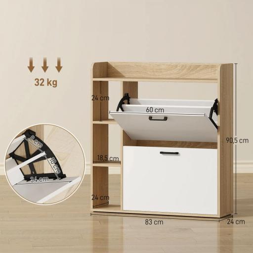 Zapatero Estrecho con 2 Puertas 3 Estantes Laterales y Estantes Ajustables para 15 Pares de Zapatos Natural y Blanco [1]