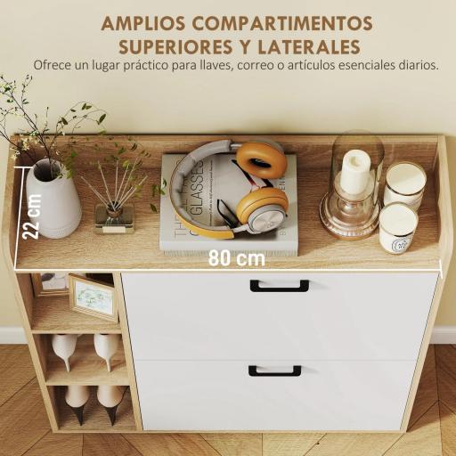 Zapatero Estrecho con 2 Puertas 3 Estantes Laterales y Estantes Ajustables para 15 Pares de Zapatos Natural y Blanco [3]