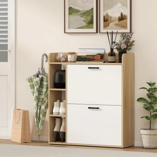 Zapatero Estrecho con 2 Puertas 3 Estantes Laterales y Estantes Ajustables para 15 Pares de Zapatos Natural y Blanco [6]