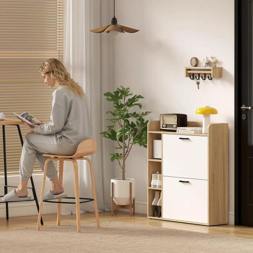 Zapatero Estrecho con 2 Puertas 3 Estantes Laterales y Estantes Ajustables para 15 Pares de Zapatos Natural y Blanco [7]