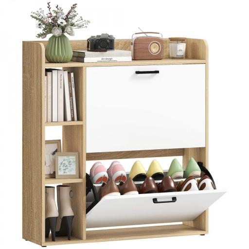 Zapatero Estrecho con 2 Puertas 3 Estantes Laterales y Estantes Ajustables para 15 Pares de Zapatos Natural y Blanco [8]