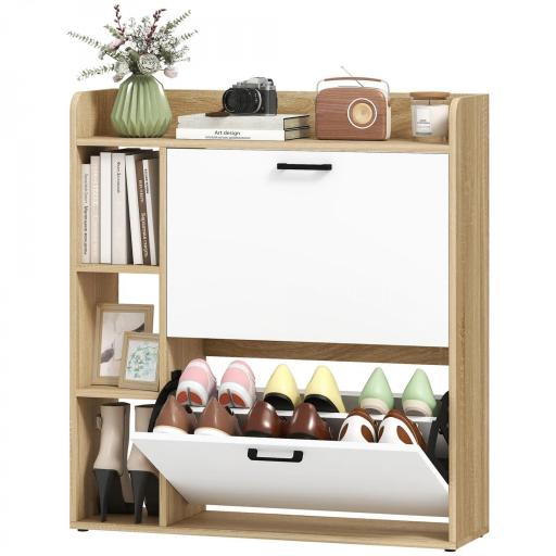 Zapatero Estrecho con 2 Puertas 3 Estantes Laterales y Estantes Ajustables para 15 Pares de Zapatos Natural y Blanco [9]