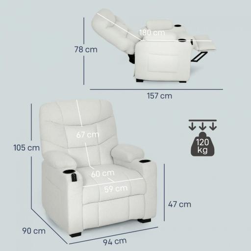 Sillón Relax Reclinable Eléctrico Silencioso con Función Memoria Reposapiés Mando a Distancia Bolsillos Laterales Crema [1]
