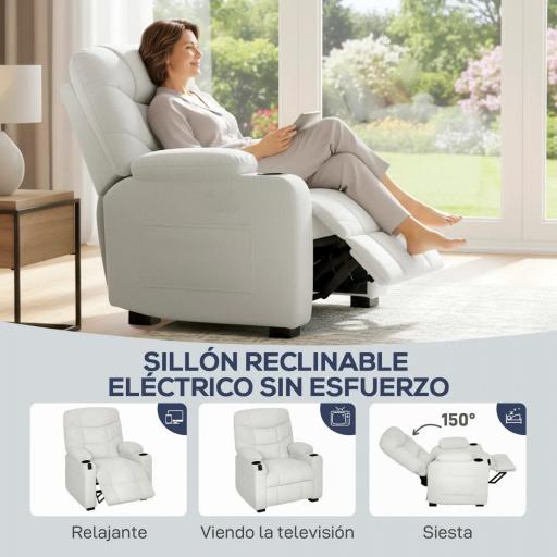Sillón Relax Reclinable Eléctrico Silencioso con Función Memoria Reposapiés Mando a Distancia Bolsillos Laterales Crema [3]