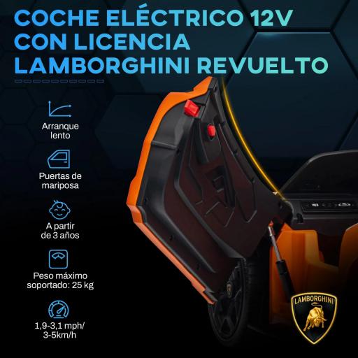 Coche Eléctrico para Niños de +3 Años Lamborghini Revuelto con Mando a Distancia Faros LED Bocina Música Naranja [2]