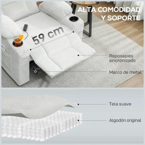 Sillón Relax Reclinable Eléctrico Silencioso con Función Memoria Reposapiés Mando a Distancia Bolsillos Laterales Crema [4]