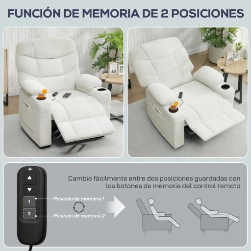 Sillón Relax Reclinable Eléctrico Silencioso con Función Memoria Reposapiés Mando a Distancia Bolsillos Laterales Crema [2]