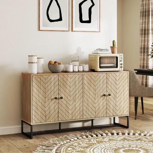 Aparador de Salón con 4 Puertas con Diseño Chevron Estantes Ajustables Patas de Acero 140,5x40x81,5 cm Roble
