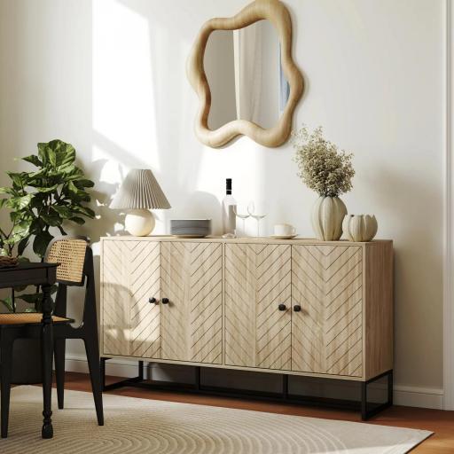 Aparador de Salón con 4 Puertas con Diseño Chevron Estantes Ajustables Patas de Acero 140,5x40x81,5 cm Roble [7]