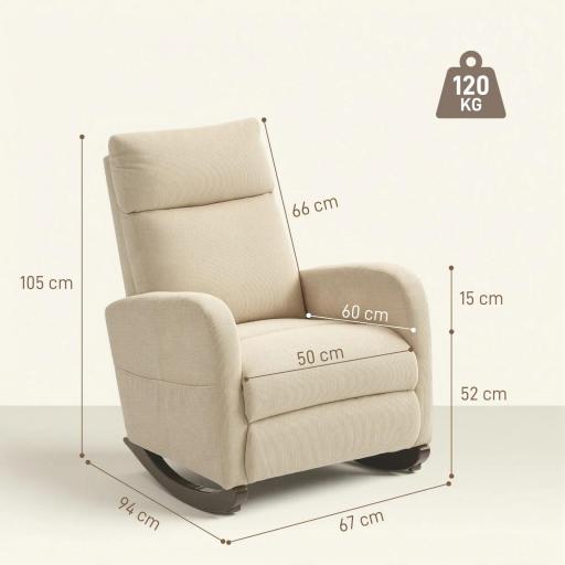  Silla Mecedora de Pana con Respaldo Alto Patas de Madera de Caucho Bolsillos Reposabrazos Estilo Moderno Beige [1]
