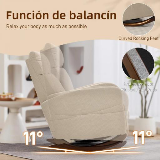  Silla Mecedora de Pana con Respaldo Alto Patas de Madera de Caucho Bolsillos Reposabrazos Estilo Moderno Beige [6]
