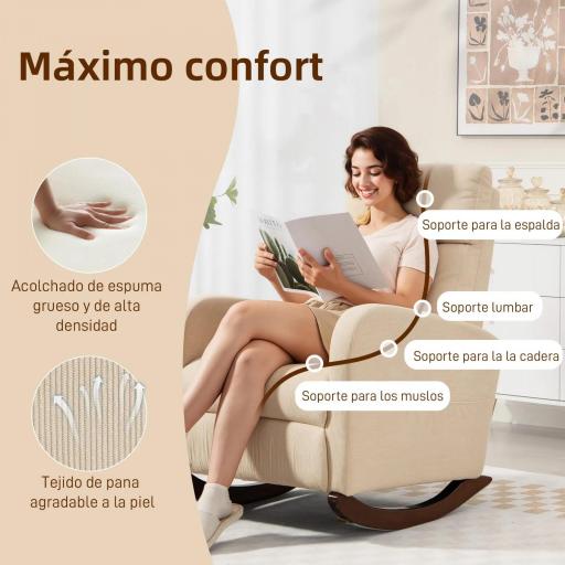  Silla Mecedora de Pana con Respaldo Alto Patas de Madera de Caucho Bolsillos Reposabrazos Estilo Moderno Beige [4]