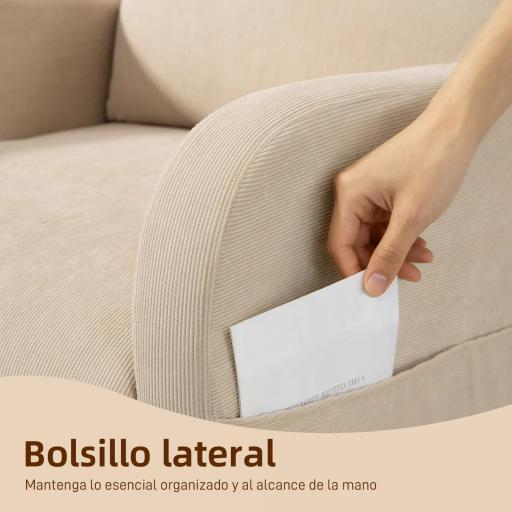  Silla Mecedora de Pana con Respaldo Alto Patas de Madera de Caucho Bolsillos Reposabrazos Estilo Moderno Beige [5]