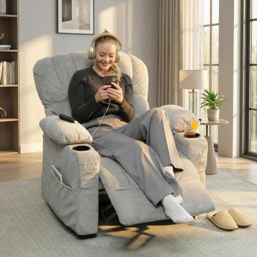 Sillón Relax Reclinable Eléctrico Silencioso con Función Memoria Reposapiés Mando a Distancia Bolsillo Lateral Gris