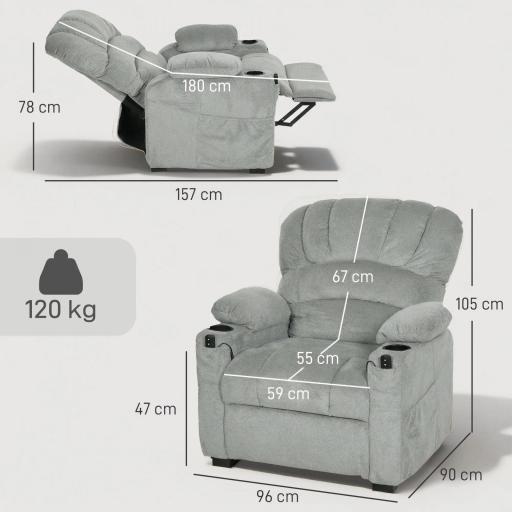 Sillón Relax Reclinable Eléctrico Silencioso con Función Memoria Reposapiés Mando a Distancia Bolsillo Lateral Gris [1]
