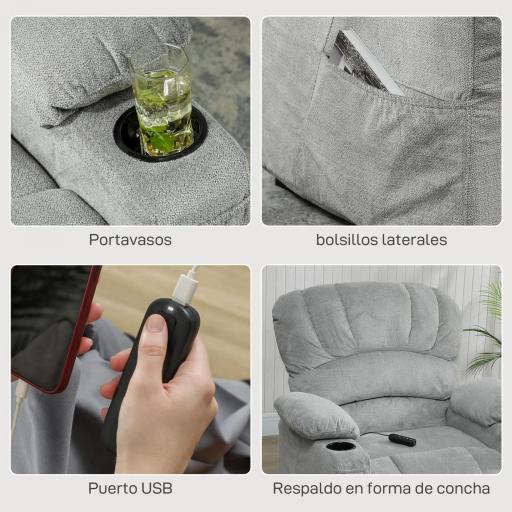 Sillón Relax Reclinable Eléctrico Silencioso con Función Memoria Reposapiés Mando a Distancia Bolsillo Lateral Gris [4]