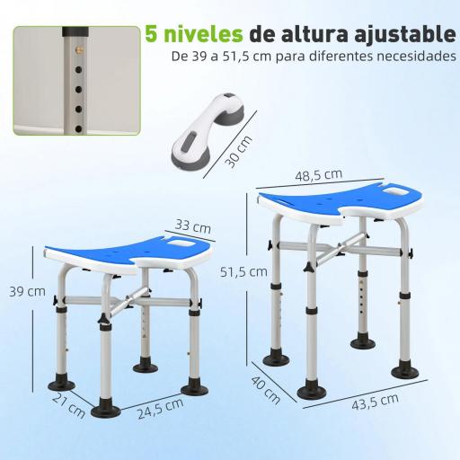 Silla de Ducha Antideslizante con Barra de Agarre con Ventosas Altura Regulable y Asiento en Forma de U Azul [1]