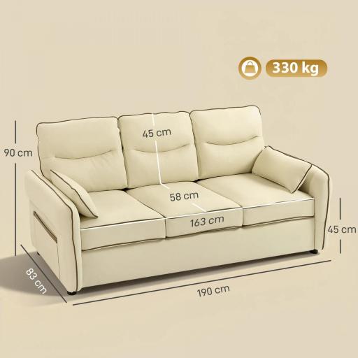 Sofá de 3 Plazas Tapizado en Cuero Sintético Acolchado Grueso Asiento Ancho Reposabrazos Bolsillo Montaje Rápido Beige [1]