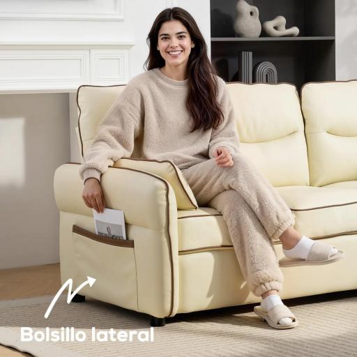 Sofá de 3 Plazas Tapizado en Cuero Sintético Acolchado Grueso Asiento Ancho Reposabrazos Bolsillo Montaje Rápido Beige [4]