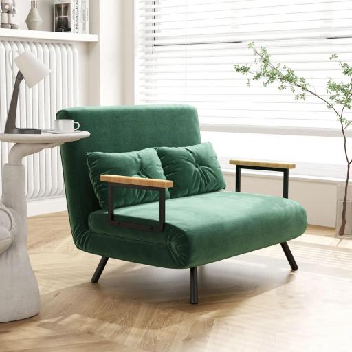 Sofá Cama Convertible 4 en 1 Sillón Cama 2 Plazas Plegable Respaldo Ajustable de 5 Niveles Almohadas 102x73x81cm Verde