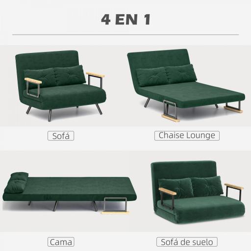 Sofá Cama Convertible 4 en 1 Sillón Cama 2 Plazas Plegable Respaldo Ajustable de 5 Niveles Almohadas 102x73x81cm Verde [1]