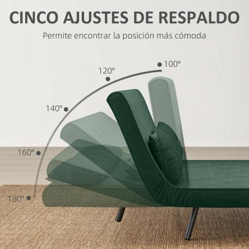 Sofá Cama Convertible 4 en 1 Sillón Cama 2 Plazas Plegable Respaldo Ajustable de 5 Niveles Almohadas 102x73x81cm Verde [3]