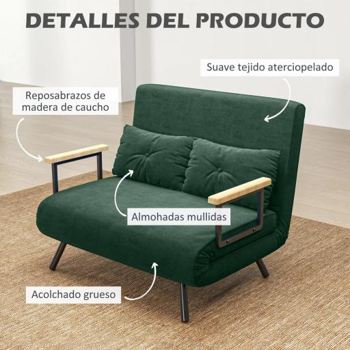 Sofá Cama Convertible 4 en 1 Sillón Cama 2 Plazas Plegable Respaldo Ajustable de 5 Niveles Almohadas 102x73x81cm Verde [4]