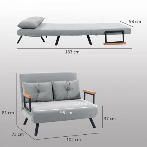 Sofá Cama Convertible 4 en 1 Sofá Cama 2 Plazas Plegable Respaldo Ajustable de 5 Niveles Almohadas 102x73x81cm Gris [1]
