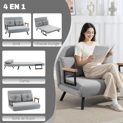 Sofá Cama Convertible 4 en 1 Sofá Cama 2 Plazas Plegable Respaldo Ajustable de 5 Niveles Almohadas 102x73x81cm Gris [2]