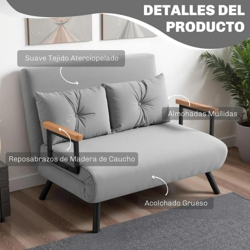 Sofá Cama Convertible 4 en 1 Sofá Cama 2 Plazas Plegable Respaldo Ajustable de 5 Niveles Almohadas 102x73x81cm Gris [4]