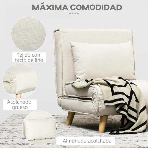 Sillón Cama Individual 2 en 1 Sofá Cama Plegable con Respaldo Ajustable y Cojín para Sala Dormitorio 72x78x79 cm Crema [4]