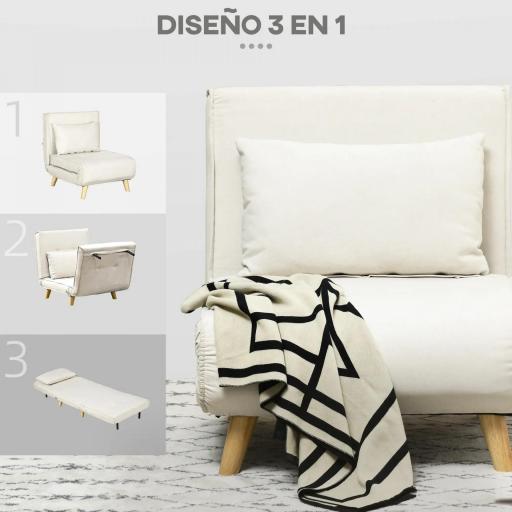 Sillón Cama Individual 2 en 1 Sofá Cama Plegable con Respaldo Ajustable y Cojín para Sala Dormitorio 72x78x79 cm Crema [3]