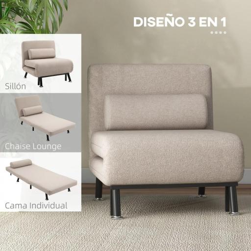 Sofá Cama Individual Plegable con Respaldo Ajustable de 5 Niveles Cojín y Tapizado de Lino Sintético 75x70x75 cm Beige [2]