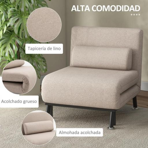 Sofá Cama Individual Plegable con Respaldo Ajustable de 5 Niveles Cojín y Tapizado de Lino Sintético 75x70x75 cm Beige [3]