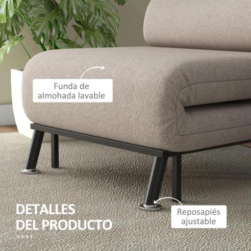 Sofá Cama Individual Plegable con Respaldo Ajustable de 5 Niveles Cojín y Tapizado de Lino Sintético 75x70x75 cm Beige [5]
